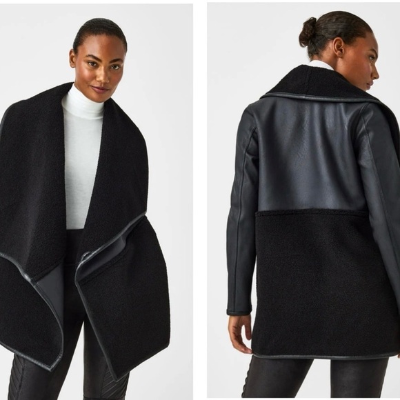Spanx Fleece & Faux Leather Long Wrap Jacket In Very Very
Black Size Small NEW - Picture 2 of 10